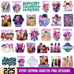 Puede incluir: Una colección de 225 diseños PNG de KPOP Demon Hunter. Los diseños presentan varios grupos y personajes de KPOP en colores vibrantes. El texto incluye "SAJA BOYS", "HUNTR/X", "KPOP DEMON HUNTERS" y "MIRA".
