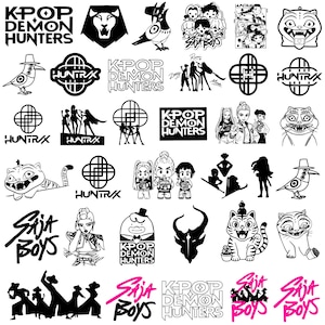 May include: A collection of black and white graphic designs and logos, including text that reads "K-POP DEMON HUNTERS" and "Saja Boys." The designs feature stylized animals, figures, and abstract shapes. Some designs are in pink.
