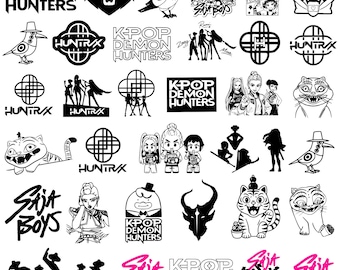 Kpop Demon Hunter SVG Bundle, Saja Boy & Huntrix Svg, Demon Hunters Inspired Kpop Svg, Cat and Bird Png, Kpop Idol Group Cut File,Silhouette
