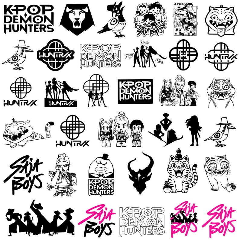 May include: A collection of black and white graphic designs and logos, including text that reads "K-POP DEMON HUNTERS" and "Saja Boys." The designs feature stylized animals, figures, and abstract shapes. Some designs are in pink.