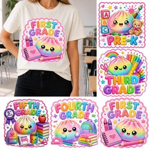 Back to School PNG Bundle, Glitter Dumpling School PNG, Kawaii Pre-K Kindergarten 1st 2nd 3rd 4th Grade Sublimation Designs,Digital Download