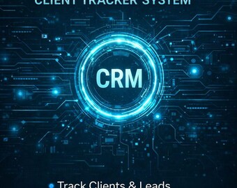 Peut inclure: Graphique numérique promouvant un système CRM pour petites entreprises. L'image présente le texte "SIMPLE CRM FOR SMALL BUSINESS" et "CLIENT TRACKER SYSTEM". Un cercle bleu brillant avec "CRM" au centre est mis en évidence. Le texte supplémentaire met en évidence les fonctionnalités : "Track Clients & Leads", "No Website Needed", et "Easy to Use".