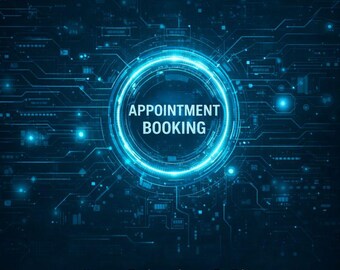 Puede incluir: Gráfico digital con las palabras "APPOINTMENT BOOKING SYSTEM" en texto blanco. Un diseño circular azul brillante con las palabras "APPOINTMENT BOOKING" en el centro. Debajo hay viñetas: Sync Calendars & Clients, No Website Needed y Al-Powered Automation.