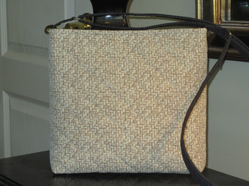 Gray and Beige Medallion Print Front Pocket Quilted Fabric CrossbodyShoulder BagPurse Beige and White Faux Rattan Print Purse with Black