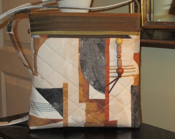 Gray, Beige, Brown and White Abstract Print Front Zipper Pocket with Top Trim and Back Pocket Quilted Fabric Crossbody/Shoulder Bag/Purse