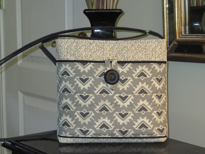 Gray and Beige Medallion Print Front Pocket Quilted Fabric CrossbodyShoulder BagPurse Beige and White Faux Rattan Print Purse with Black