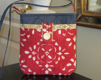 Blue Denim Print with Front Cell Pocket in Red and White Medallion Print Quilted Fabric Crossbody/Shoulder Purse/Bag