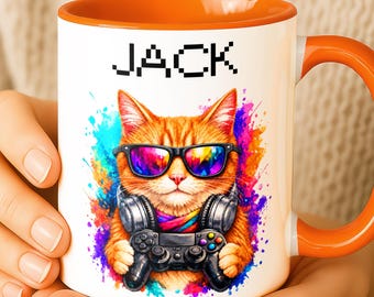 Personalised Cute Gaming Cat Mug Gift, Custom Gamer Mug For Him & Her, Cool Mug Present for Gamer
