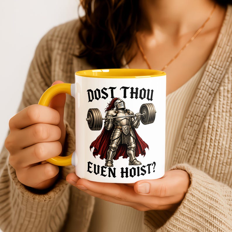 Taza divertida de caballero medieval para gimnasio, regalo para el gimnasio, regalo de caballero para el hermano del gimnasio Yellow