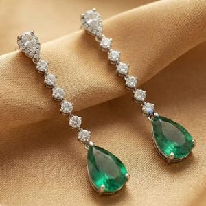 Emerald & Moissanite Drop Earrings, 14K Gold Plated Sterling Silver, Pear Cut Green Gemstone Earrings, Dangle Bridal Earrings, Gift for Her
