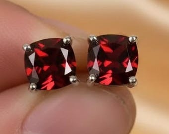 14K White Gold Cushion Cut Red Garnet Stud Earrings , 925 Sterling Silver, January Birthstone Jewelry, Classic Gemstone Studs, Gift for Her