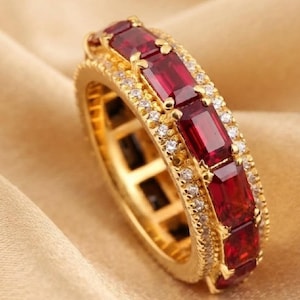 Ruby Emerald Cut Eternity Band, 14K Yellow Gold Ruby Wedding Ring, Diamond Halo Anniversary Band, Stackable Promise Ring, Gift for Her