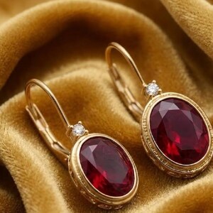 May include: A pair of gold leverback earrings featuring oval-cut deep red gemstones. Each earring is accented with a small, clear round-cut stone set above the primary oval gem. The metal settings have a textured, decorative border around the stones.
