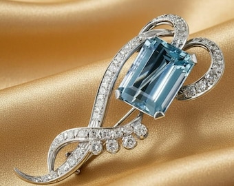Handmade Vintage Aquamarine Diamond Brooch , Art Deco White Gold Plated Pin , March Birthstone Jewelry , Elegant Statement Gift for Women