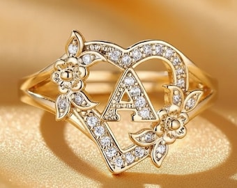 Round Diamond A to Z Letter Ring,Personalized Initial Ring, Alphabet Ring,Custom Letter Jewelry,Dainty Diamond Ring, Gift for Her, Gold Ring