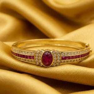 14K Yellow Gold Oval Cut Ruby Red Bangle Bracelet , 925 Sterling Silver Handmade Bangle  , Elegant Minimalist Jewelry Gift for Women