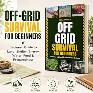 May include: A book titled "Off-Grid Survival for Beginners" with a green and yellow cover. The book's cover features images of solar panels, a person with a backpack, and a garden. The book also has icons for land, power, water, and food.