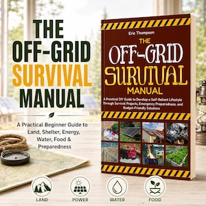 Peut inclure: Un livre intitulé The Off-Grid Survival Manual par Eric Thompson avec une couverture brune, des bandes de danger jaunes et noires, et une grille de neuf photos montrant des scènes de survie. Le livre est posé sur une table près d'une boussole.