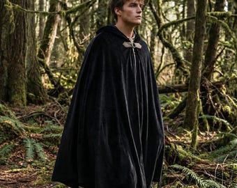 Medieval Hooded Cloak for Men Velvet Cape Renaissance Fantasy Costume LARP Viking Ranger Elven Gothic Robe for Roleplay Cosplay