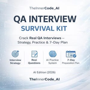 Könnte beinhalten: Blau-weiße Grafik, die ein "QA Interview Survival Kit" bewirbt. Der Text umfasst "Interview-Strategie", "Echte Fragen", "KI-Übungssystem" und einen "7-Tage-Vorbereitungsplan". Das Bild zeigt auch den Text "Crack Real QA Interviews" und "AI Edition (2026)".