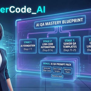 Peut inclure: Illustration numérique d'une femme en costume sombre devant un écran lumineux. L'écran présente un plan directeur de maîtrise de l'IA QA, avec des étapes pour la fondation de l'IA, l'automatisation à faible code, les modèles QA seniors et le tremplin de carrière. Le texte "TheInnerCode_AI" est visible.