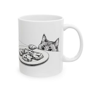 Katzenkaffeetasse, Hinterhältige Katze griff nach Keksen, weiße Keramik-Spülmaschinenfest
