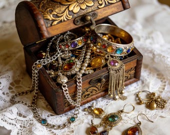 Caja sorpresa de joyería bohemia vintage / Conjunto de accesorios indie hechos a mano de los 90 / Regalo sorpresa para ella / Collares, pendientes y pulseras bohemias