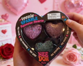 Valentine's Day limited edition toys, Valentine's Day gifts, squeeze toys, mini sparkly heart squeeze toys, gifts for friends.