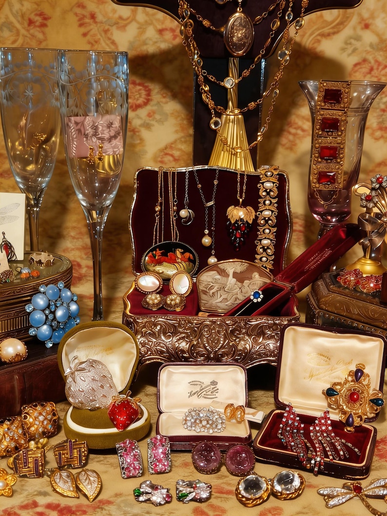 May include: A collection of antique jewellery, including necklaces, brooches, earrings, and rings, presented in open boxes and on a stand. The jewellery features gold, silver, and colourful gemstones. Champagne flutes and decorative vases are also visible.