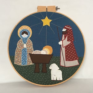 Vintage Nativity Scene Calico Fabrics in Wood Hoop