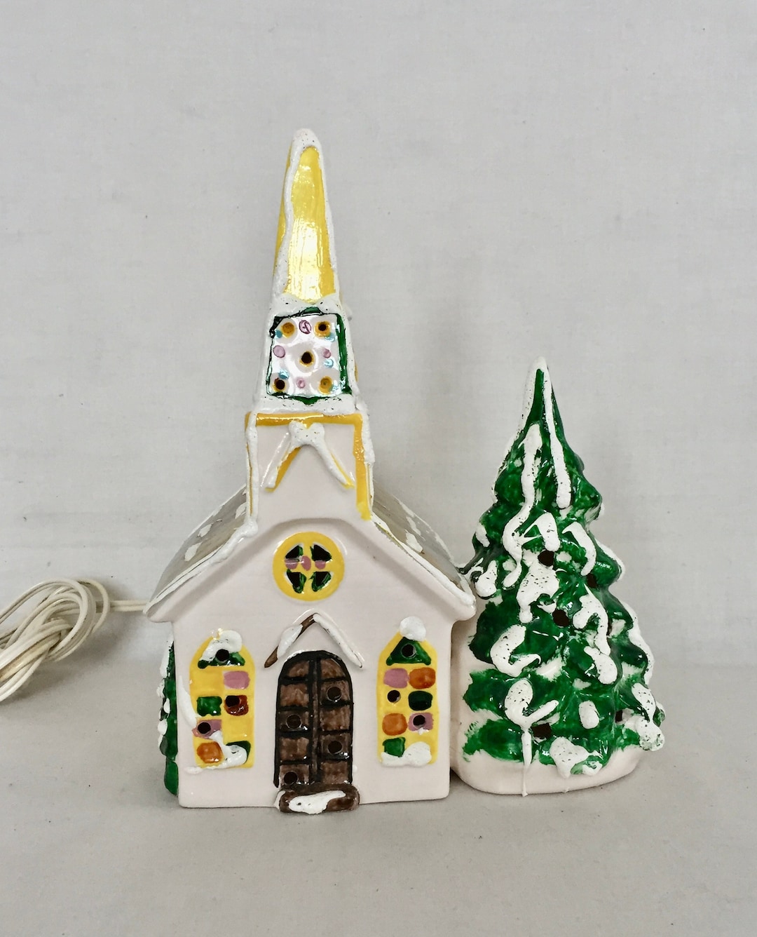 Ceramic Light up Church and Tree Enesco Taiwan Etsy