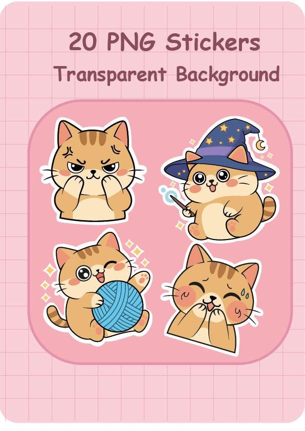 20 Cute Kawaii Cat Digital Stickers | Printable Planner Stickers PNG ...