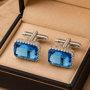 Silver Tone Blue Topaz Cufflinks, Rectangular Vintage Style Cuff Links, Men's Formal Wedding Jewelry, Groom Gift, Father's Day Gift