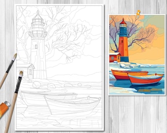 灯台に沿って描くぬり絵、水彩風景画のファインアートプリントと