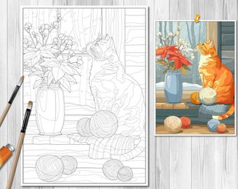 Cozy Winter Cat Coloring Page, Yarn and Flowers (Printable PDF/PNG)
