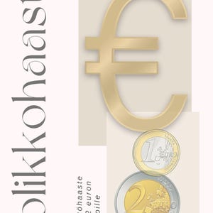 Puede incluir: Gráfico con un símbolo de Euro dorado, dos monedas de euro y texto en finés. Las monedas son una moneda de 1 euro y una moneda de 2 euros. El fondo es de color beige claro.