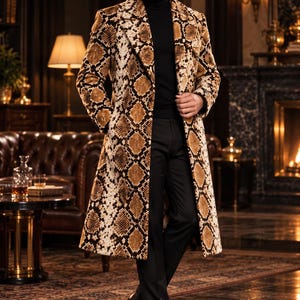 Mens Python Snake Print Velvet Overcoat, Brown Black Snakeskin Long Coat, Luxury Vintage Animal Print Jacket, Custom Tailored Mens Outerwear