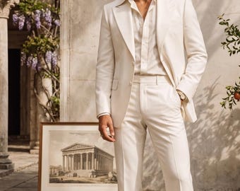 Cream 70s Vintage Style Men Suit Off White Mens Prom Suit Retro Wide Leg Flare Trousers Wedding Groom Suit Ivory 2 Piece Suit For Men