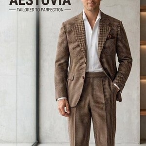 Brown Houndstooth Suit for Men, Vintage 2 Piece Suit, Classic Tweed Style Wedding Suit, Retro Business Suit, Heritage Menswear,Formal Outfit