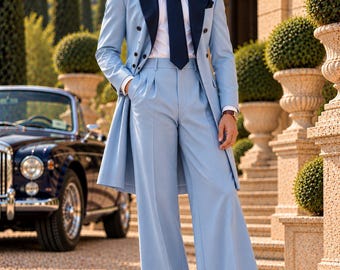 Men’s Powder Blue 70s Suit, Navy Contrast Lapel Wedding Groom Suit, Vintage Wide Leg Pleated Trousers, Retro Long Jacket 2 Piece Suit