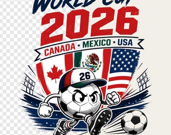Könnte beinhalten: Grafik für die Weltmeisterschaft 2026 mit einem Fußball-Charakter, der eine Baseballkappe mit der Nummer 26 trägt. Das Design umfasst die Flaggen von Kanada, Mexiko und den USA mit dem Text "WORLD CUP 2026".