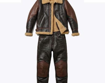 Men’s Vintage Shearling Leather Suit Aviator B3 Style Jacket & Pants Set Winter Pilot Outfit