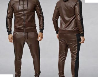 Men's Handmade Brown Leather Tracksuit, Hooded Luxury Streetwear Set