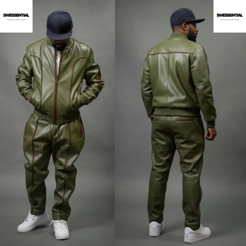 May include: Olive green leather tracksuit with brown trim. The jacket has a zip closure and the pants have a relaxed fit. The outfit is paired with white sneakers. The brand name "SWESSENTIAL" is visible in the top left and right corners.