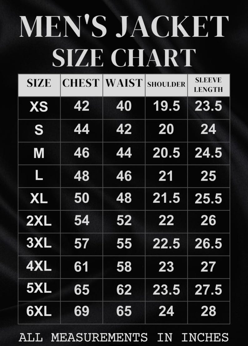 May include: A size chart for men's jackets, with measurements in inches. The chart includes sizes XS to 6XL, detailing chest, waist, shoulder, and sleeve length measurements. The text "MEN'S JACKET SIZE CHART" is at the top.