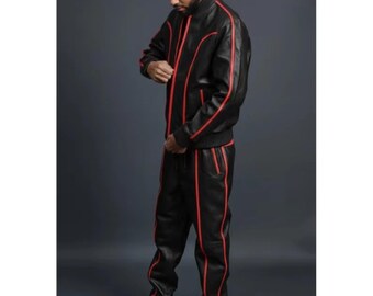Men’s Black Real Leather Tracksuit Red Stripes – Streetwear Jacket & Pants