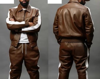 Men’s Brown Leather Tracksuit Set – Luxury Streetwear Jacket & Jogger Pants
