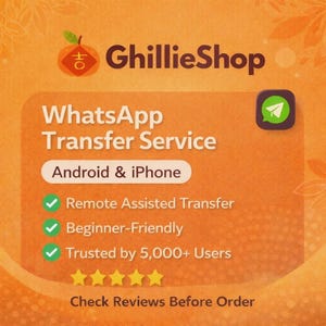 Puede incluir: Gráfico naranja que promociona el Servicio de Transferencia de WhatsApp de GhillieShop. El texto incluye "Android & iPhone", "Transferencia asistida remota", "Apto para principiantes" y "Confiado por más de 5.000 usuarios". La imagen presenta marcas de verificación verdes y estrellas.