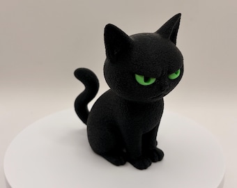 Schwarze Grumpy Cat Figur | Gothic Decor, Grüne Augen, 3D Gedruckter Schreibtisch Begleiter