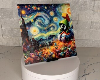 Marvin the Martian Starry Night Acrylic Art, Van Gogh Inspired Textured Wall Decor, 6x6 inch